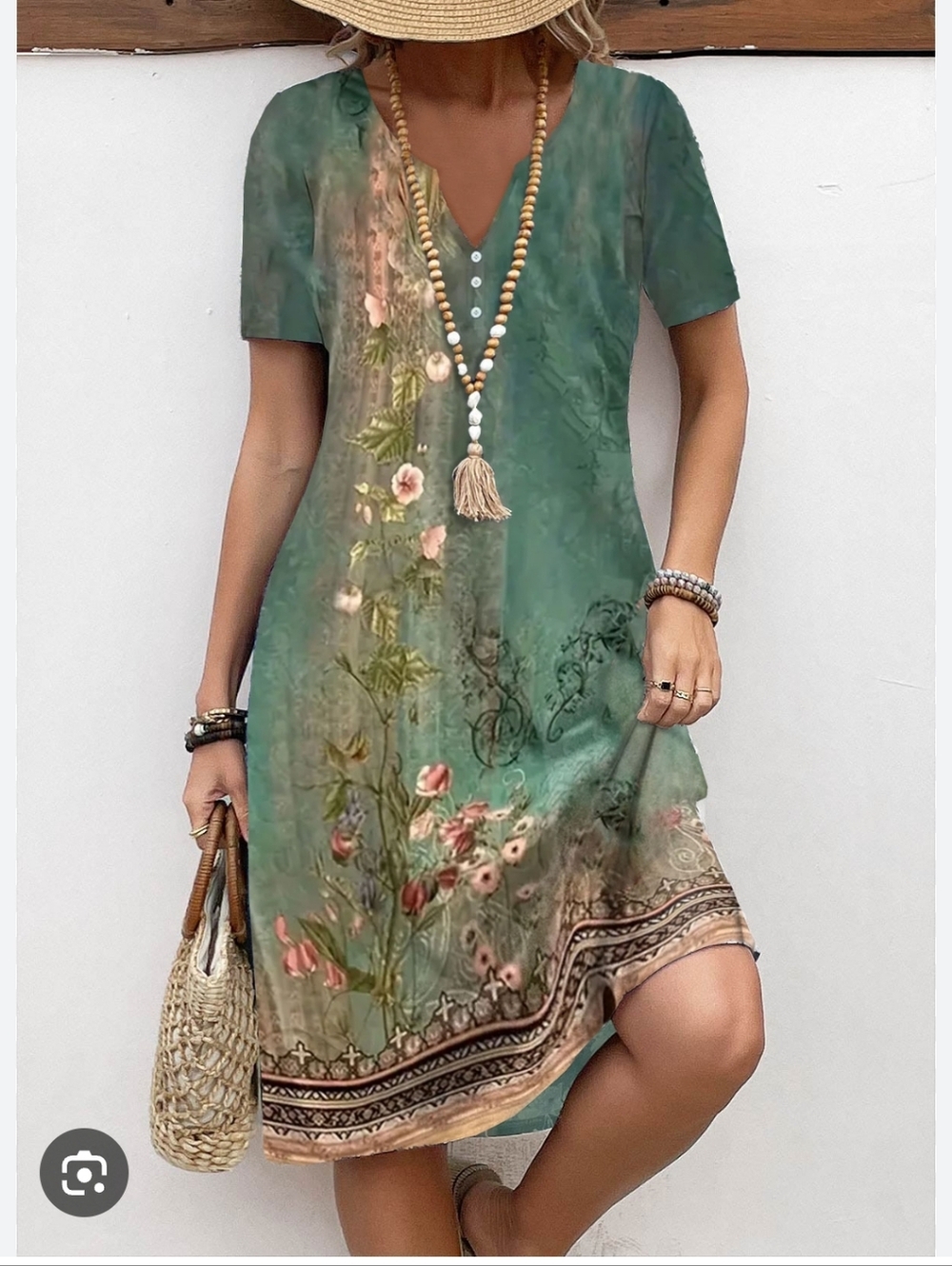 Nwt Boho Floral V-Neck Green Midi Tee Summer Dress Coastal Cowgirl Casual Y2k